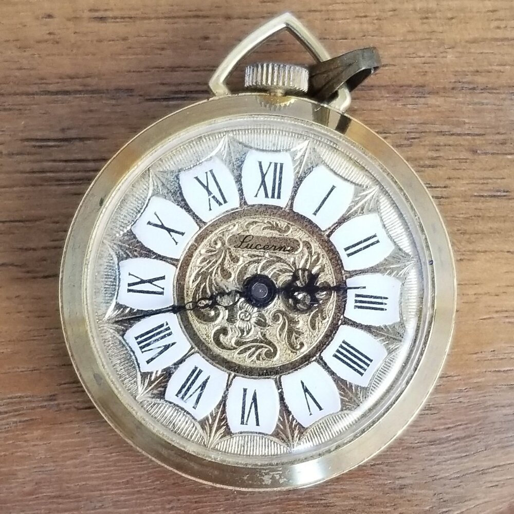 Vintage Petite Pocket Watch Gold Tone Lucerne Swiss NEEDS REPAIR Scroll Work